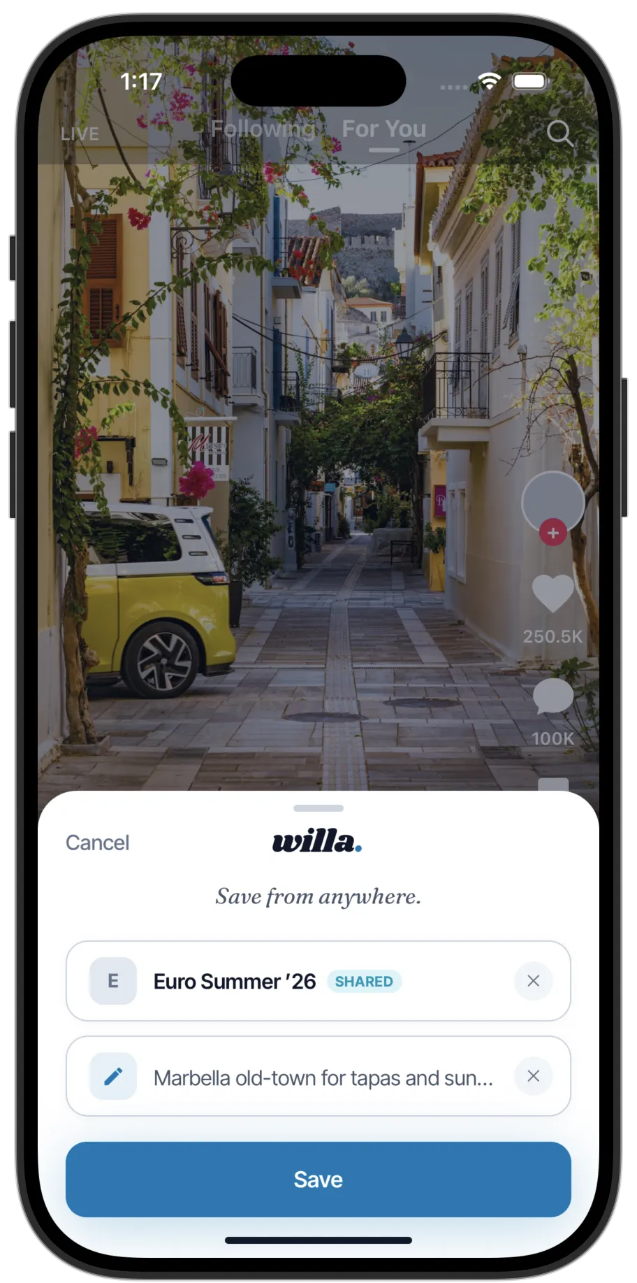 Saving an Instagram post to Willa from the share sheet